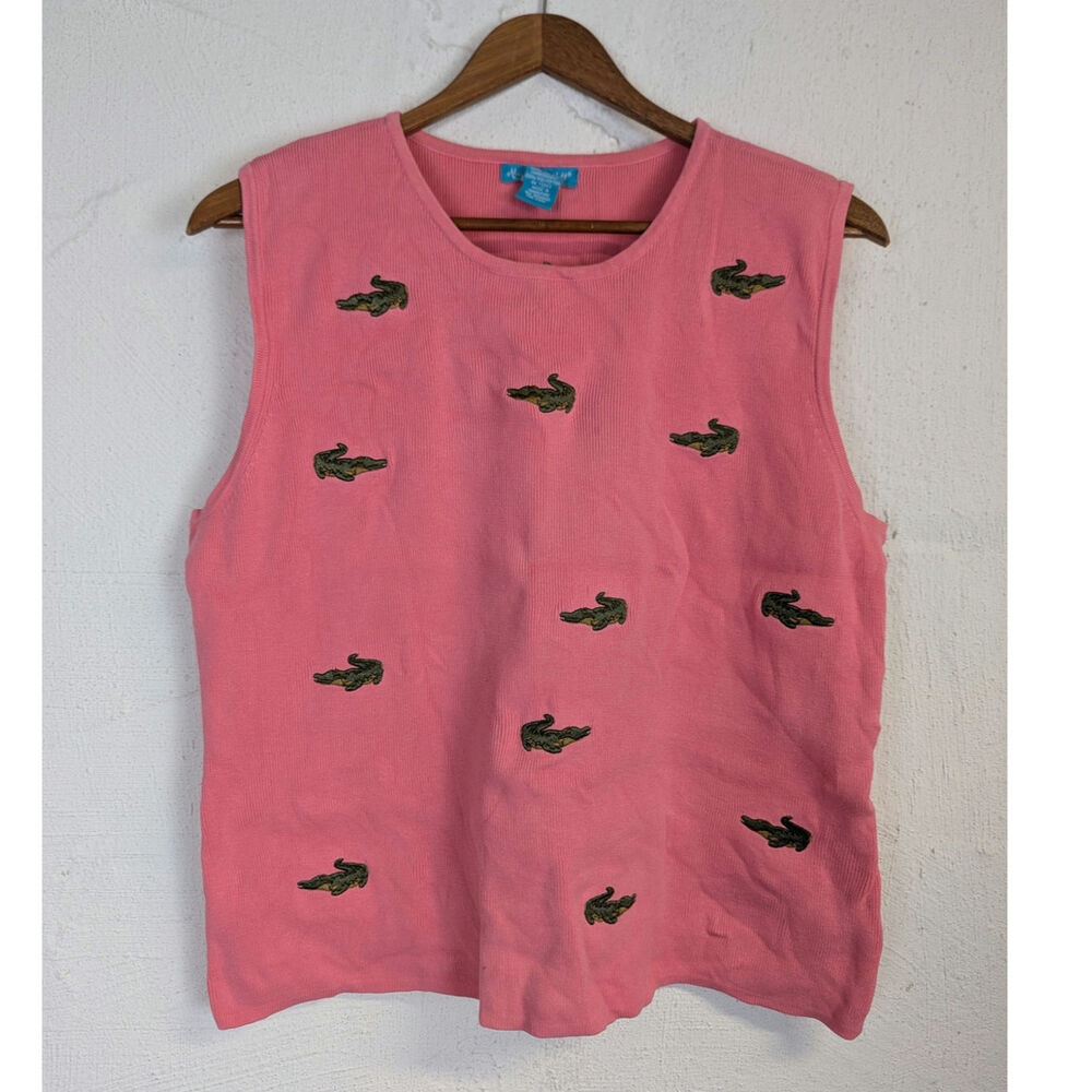 Alexandra Bartlett Embroidered Tank Top Knit Sweater Vest Alligator Pink XL